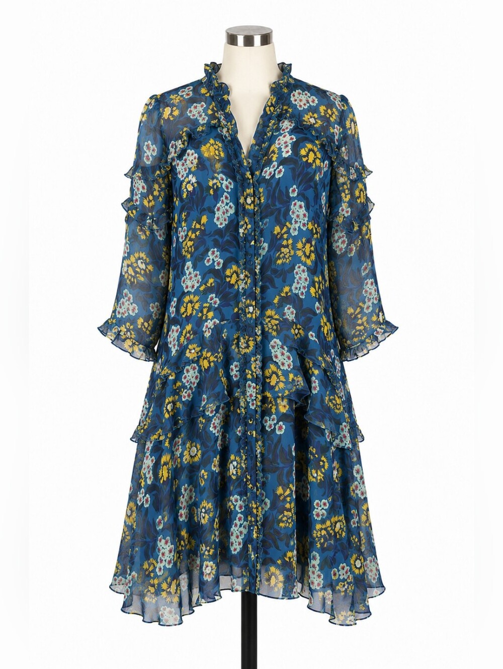 Saloni 100% Silk Teal Tilly Blue Floral Ruffle Tiered Dress Sz 10